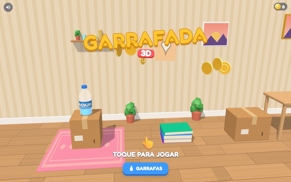 Garrafada 3D: uma garrafa sobre caixas numa sala